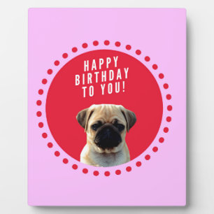 Cute Pug Puppy Dog Happy Birthday Red Dots Pink Plaque