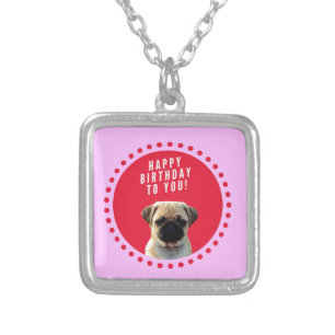 Cute Pug Puppy Dog Happy Birthday Red Dots Pink Silver Plated Necklace