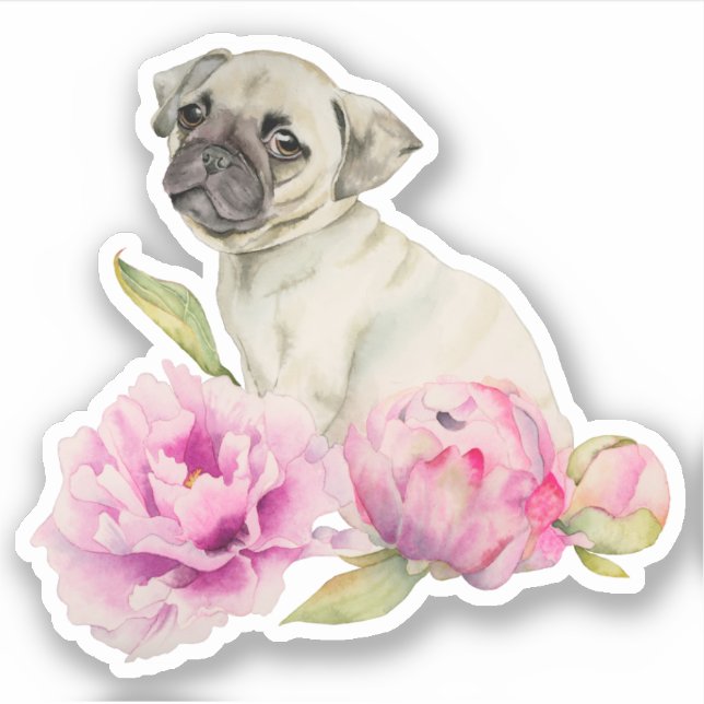 Cute Pug Puppy Dog Pink Floral Sticker (Front)