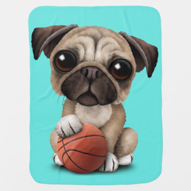 Cute Pug Puppy Dog Playing With Basketball Baby Blanket (Front)