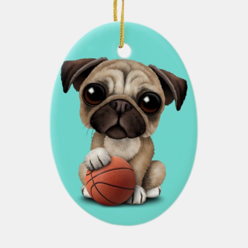 Cute Pug Puppy Dog Playing With Basketball Ceramic Ornament