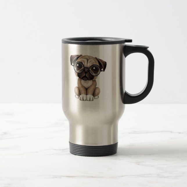 Cute Pug Puppy Dog Wearing Reading Glasses Travel Mug (Right)