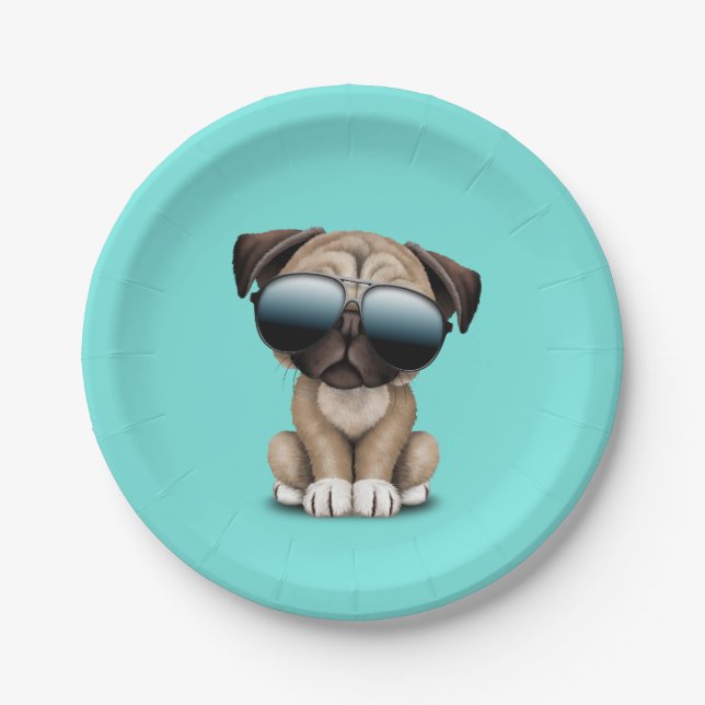 Cute Pug Puppy Dog Wearing Sunglasses Paper Plates (Front)