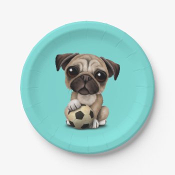 Cute Pug Puppy Dog With Football Soccer Ball Paper Plates by crazycreatures at Zazzle