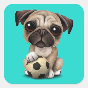 Cute Pug Puppy Dog With Football Soccer Ball Square Sticker by crazycreatures at Zazzle