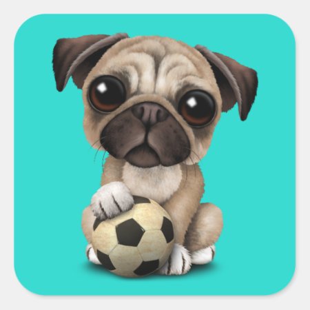 Cute Pug Puppy Dog With Football Soccer Ball Square Sticker