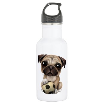 Cute Pug Puppy Dog With Football Soccer Ball Stainless Steel Water Bottle by crazycreatures at Zazzle