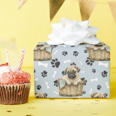 Cute Pug Puppy in Basket Paw Print  Wrapping Paper