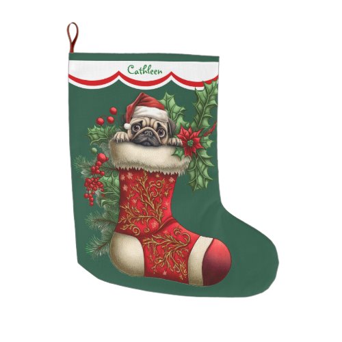 Cute Pug Puppy Peeking Large Christmas Stocking