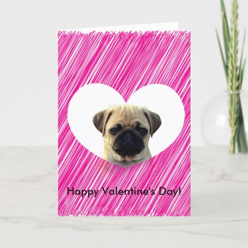 Cute Pug Puppy Pink Heart Happy Valentines Day Holiday Card
