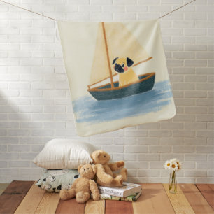 Cute Pug Puppy Sailboat Pastel Baby Blanket