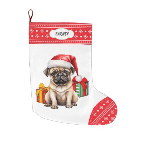 Cute Pug Puppy Santa Hat Snowflake Large Christmas Stocking