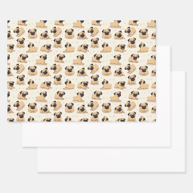 Cute Pug Puppy Seamless Pattern Design Wrapping Paper Sheets (Set)