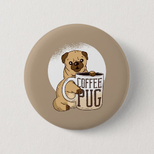 cute pug puppy with a huge cup of coffee button