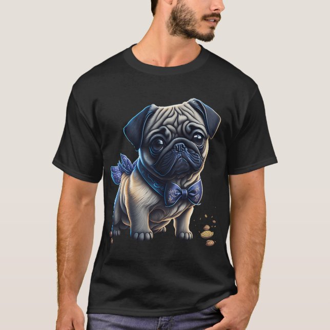 Cute Pug Puppy With Bow T-Shirt (Front)