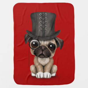 Cute Pug Puppy with Monocle and Top Hat Red Stroller Blanket