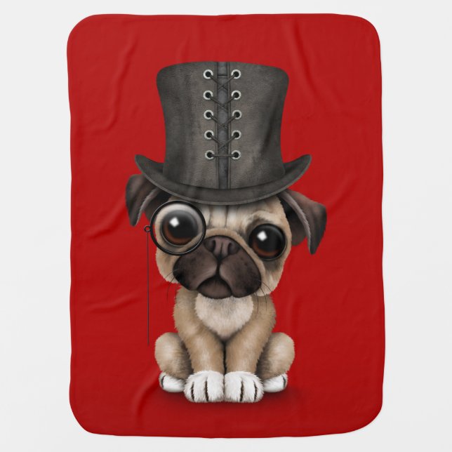 Cute Pug Puppy with Monocle and Top Hat Red Stroller Blanket (Front)