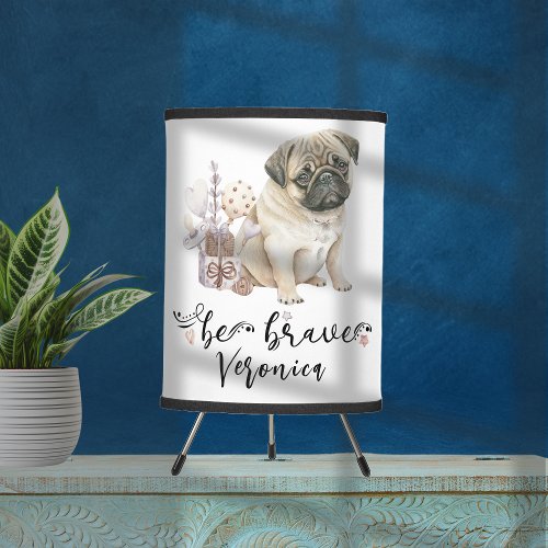 Cute Pug puppy with rattle balloons quote be brave Tripod Lamp