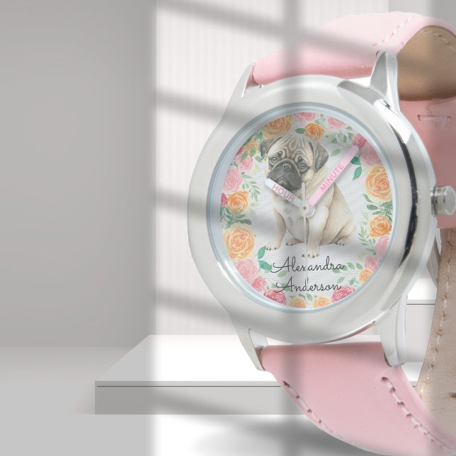 Cute Pug puppy with watercolor flowers custom name Watch (Creator Uploaded)