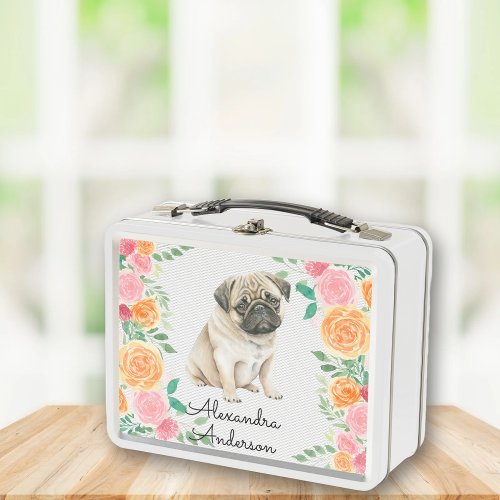 Cute Pug puppy with watercolor flowers monogram Metal Lunch Box