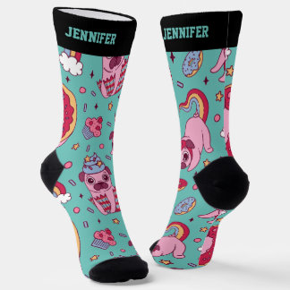 Cute Pug Rainbow Cupcake Retro Pattern Dog Lover Socks