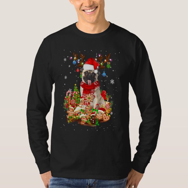 Cute Pug Reindeer Christmas Lighting Santa Xmas Pu T-Shirt (Front)