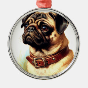 Cute Pug Retro Painting Metal Ornament