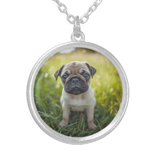 Cute Pug Round Silver Plated Necklace