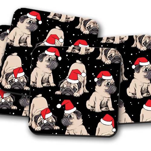 Cute Pug Santa Christmas  Christmas Cork Set Beverage Coaster