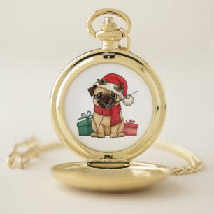 Cute Pug Santa Christmas Gift Illustration Pocket Watch
