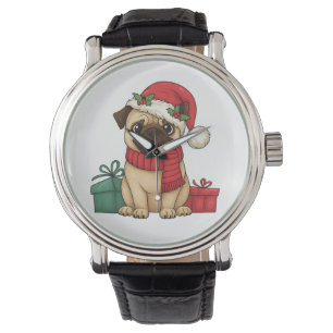 Cute Pug Santa Christmas Gift Illustration Watch