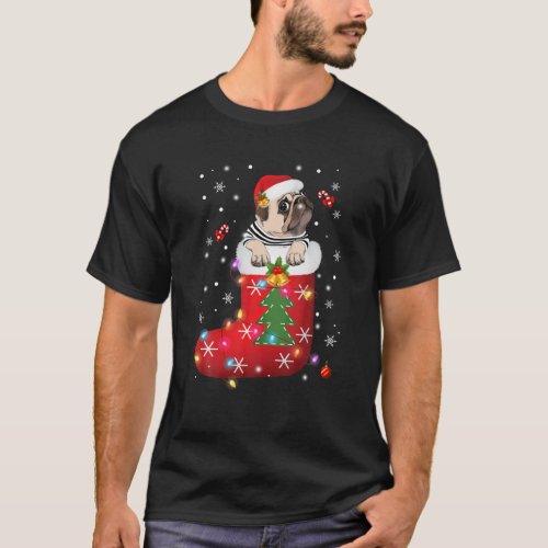 Cute Pug Santa Hat In Sock Christmas Tee Dog Lover