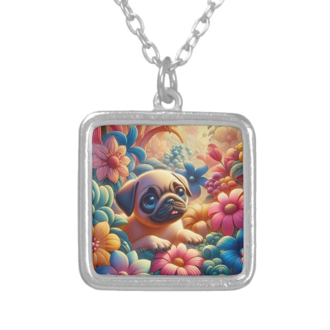 Cute Pug Silver Plated Necklace (Front)