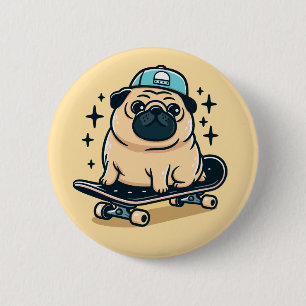 Cute Pug Skate-Boarding Button