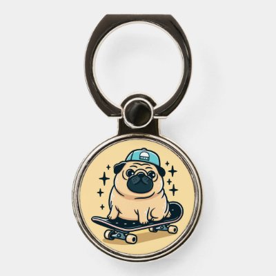 Cute Pug Skate-Boarding Phone Ring Stand
