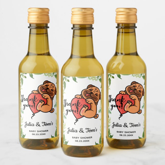 Cute Pug Thank You Baby Shower Mini Wine Label (Bottles)