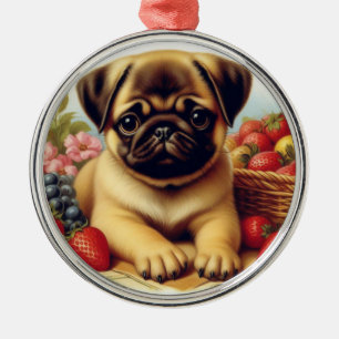 Cute Pug Vintage Painting Metal Ornament