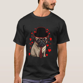 Cute Pug wear Tie Hat Red Hearts Couple Happy Vale T-Shirt