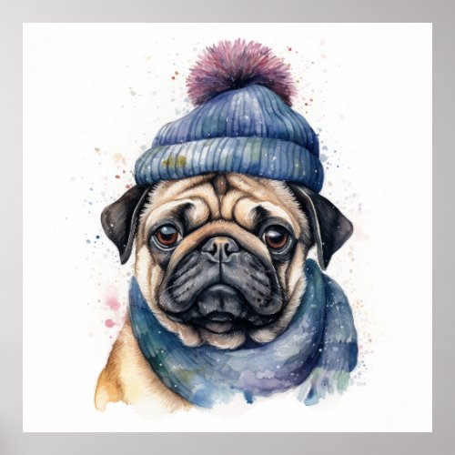 Cute pug wearing beanie and scarf poster