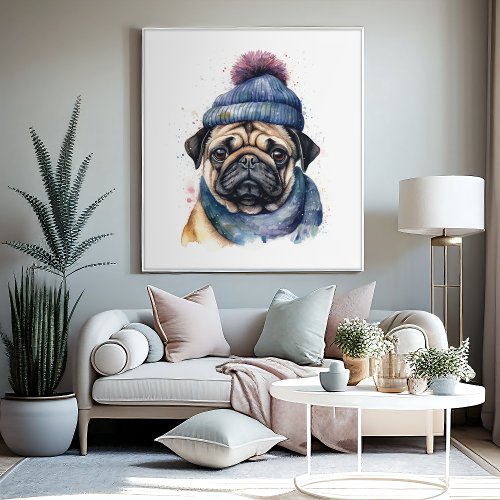 Cute pug wearing beanie and scarf poster