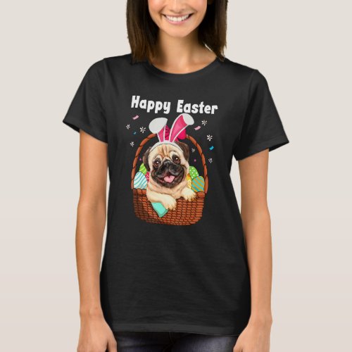 Cute Pug Wearing Bunny Ears Easter Eggs Basket Kid T_Shirt