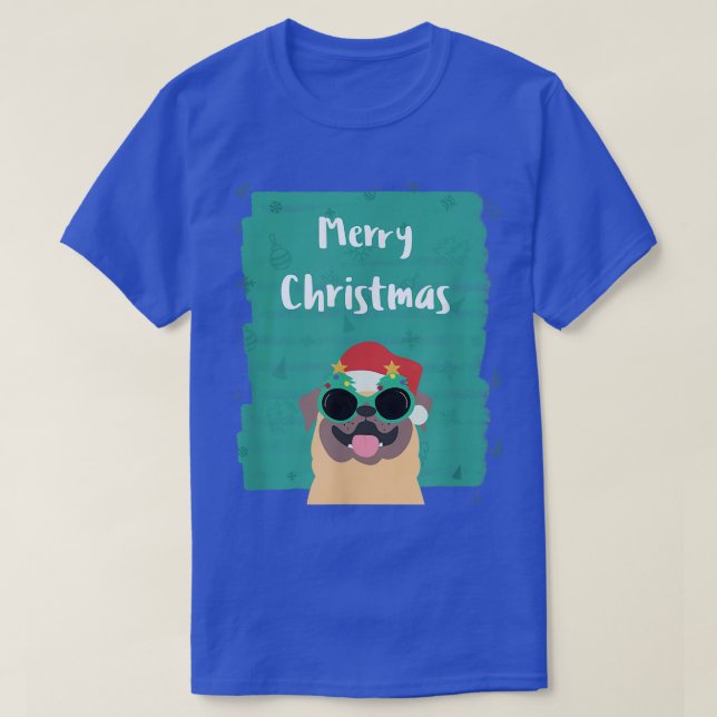 Cute Pug wearing sunglasses and Santa Hat Merry Ch T-Shirt (Design Front)
