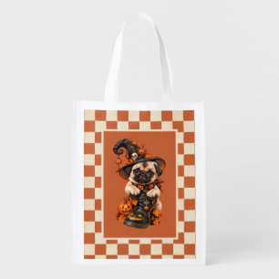 Cute Pug Witch Halloween Pumpkin Grocery Bag