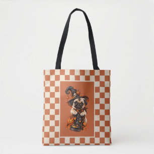 Cute Pug Witch Halloween Pumpkin Tote Bag