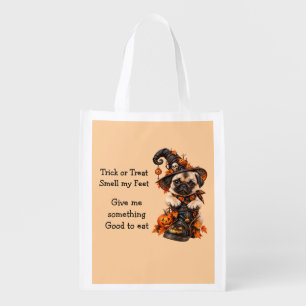 Cute Pug Witch Halloween Trick or Treat Grocery Bag
