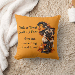 Cute Pug Witch Halloween Trick or Treat Throw Pillow