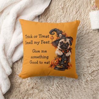 Cute Pug Witch Halloween Trick or Treat Throw Pillow