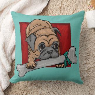 Cute pug with big bone throw pillow