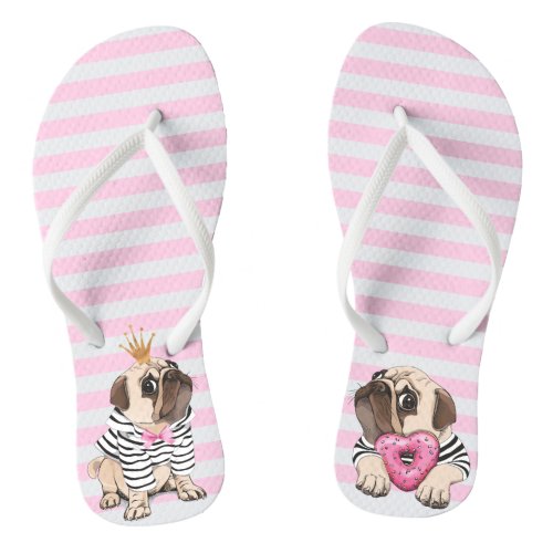 Cute Pug with Crown and Pink Heart Donut Flip Flops