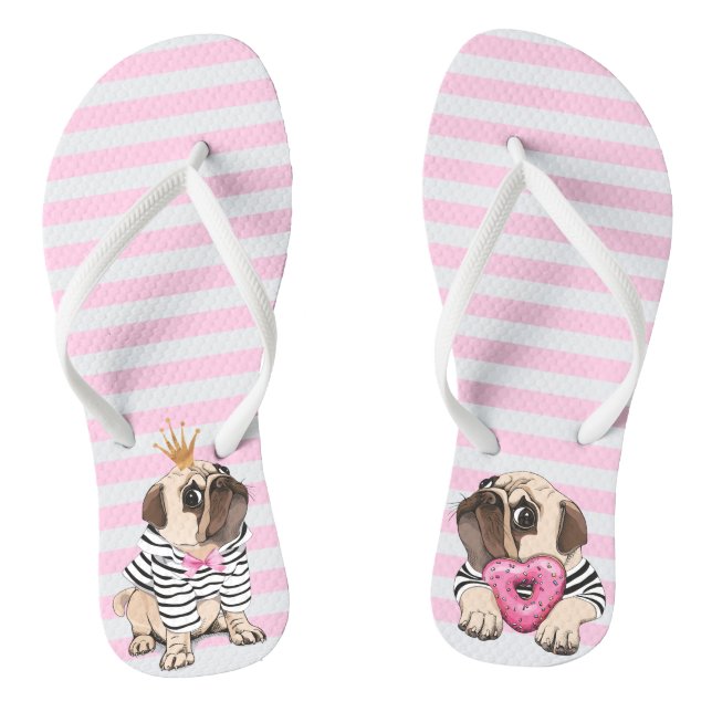 Cute Pug with Crown and Pink Heart Donut Flip Flops (Footbed)